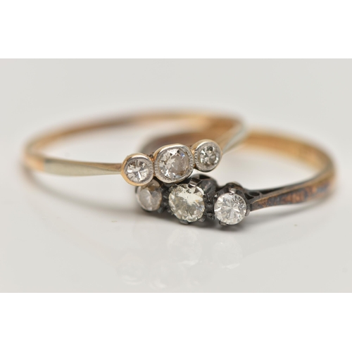 159 - TWO THREE STONE DIAMOND RINGS, the first an old cut diamond and two single stone diamonds, bezel set... 