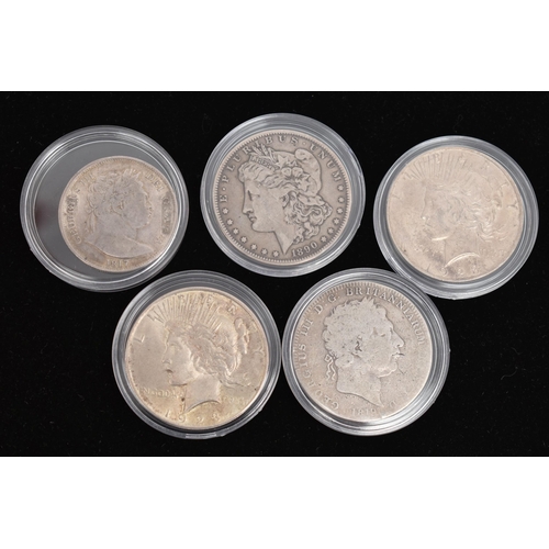 180 - A GROUP OF SILVER COINS, to include an 1819 George III Crown, a 1817 George III Halfcrown, an 1890 M... 