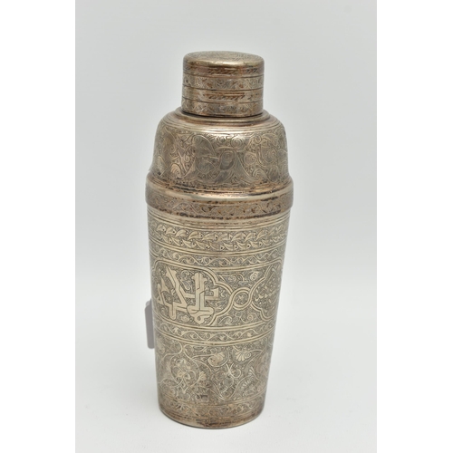 188 - AN EARLY 20TH CENTURY WMF COCKTAIL SHAKER WITH MIDDLE EASTERN/ INDIAN INSPIRED DECORATION, bears Ost... 