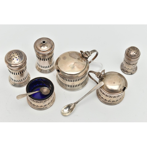 196 - TWO 20TH CENTURY THREE PIECE SILVER CRUET SETS, comprising a George VI cylindrical set of salt and p... 