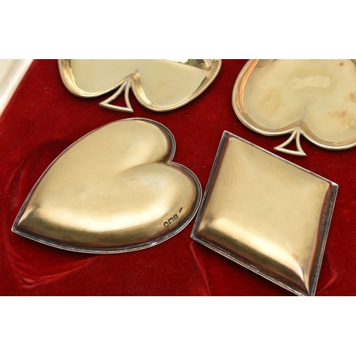 199 - A CASED SET OF EDWARDIAN SILVER GILT DISHES IN THE FORM OF PLAYING CARD SUITS, maker's mark partiall... 