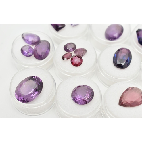 204 - A BOX OF CUT GEMSTONES, various cut amethyst in protective capsules, to include oval, circular, pear... 