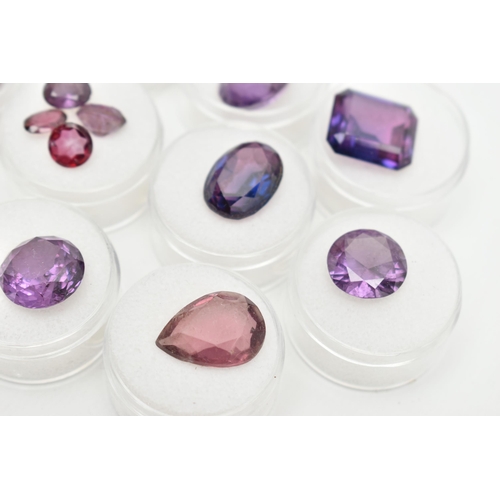 204 - A BOX OF CUT GEMSTONES, various cut amethyst in protective capsules, to include oval, circular, pear... 