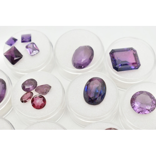 204 - A BOX OF CUT GEMSTONES, various cut amethyst in protective capsules, to include oval, circular, pear... 