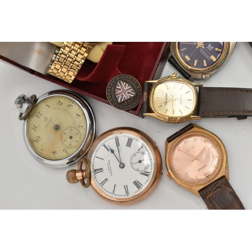 205 - A BAG OF ASSORTED WATCHES AND ITEMS, to include a gold plated, open face pocket watch, manual wind, ... 