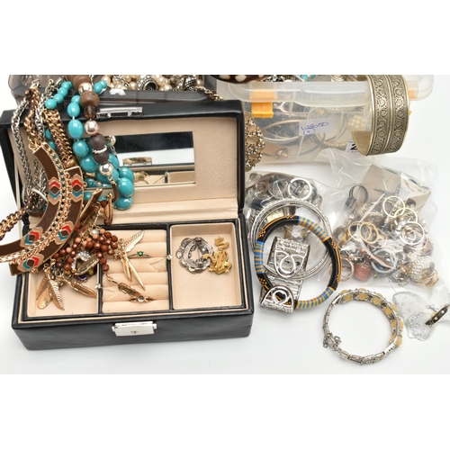 211 - TWO SMALL BOXES OF COSTUME JEWELLERY, to include various costume rings, bracelets, bangles, beaded n... 