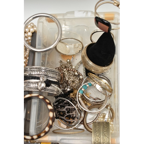 211 - TWO SMALL BOXES OF COSTUME JEWELLERY, to include various costume rings, bracelets, bangles, beaded n... 