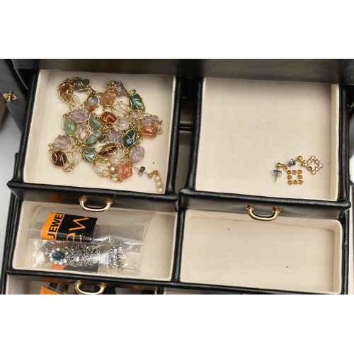 214 - TWO JEWELLERY BOXES WITH CONTENTS OF COSTUME JEWELLERY, to include a 50 micron 9ct rolled gold hinge... 