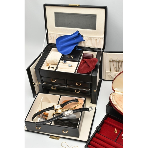 214 - TWO JEWELLERY BOXES WITH CONTENTS OF COSTUME JEWELLERY, to include a 50 micron 9ct rolled gold hinge... 