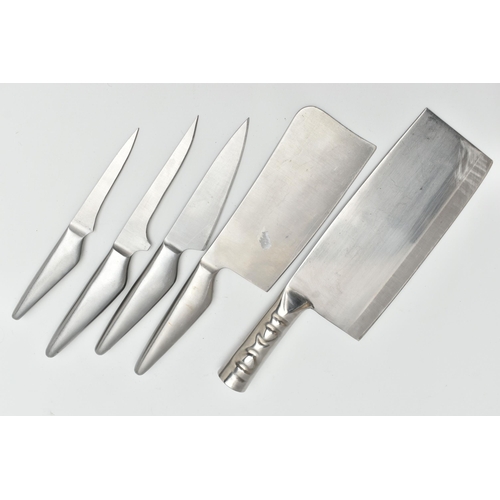 216 - CHEFS KNIVES, to include a set of four 'Jean-Patrigue Professional' knives, and a stainless steel bu... 