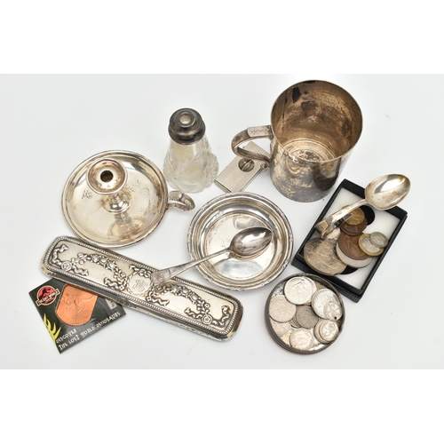 218 - A SMALL BOX OF SILVER AND ITEMS, to include a late Victorian silver bed chamber candle stich holder,... 