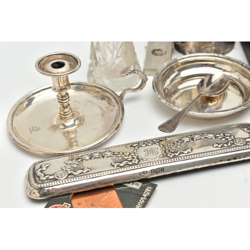 218 - A SMALL BOX OF SILVER AND ITEMS, to include a late Victorian silver bed chamber candle stich holder,... 