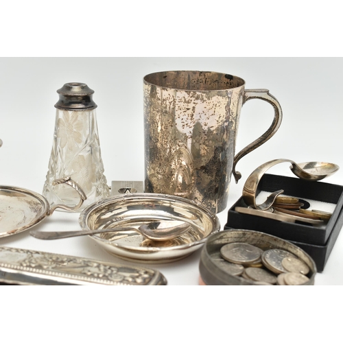 218 - A SMALL BOX OF SILVER AND ITEMS, to include a late Victorian silver bed chamber candle stich holder,... 