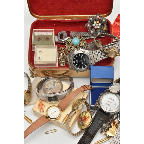 219 - A BOX OF ASSORTED ITEMS, to include a small jewellery box, fashion wristwatches names to include 'Lo... 