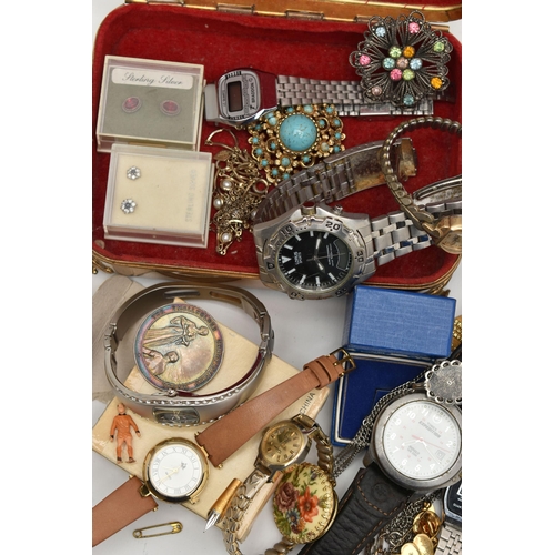 219 - A BOX OF ASSORTED ITEMS, to include a small jewellery box, fashion wristwatches names to include 'Lo... 