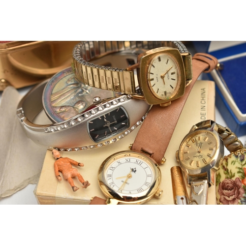 219 - A BOX OF ASSORTED ITEMS, to include a small jewellery box, fashion wristwatches names to include 'Lo... 