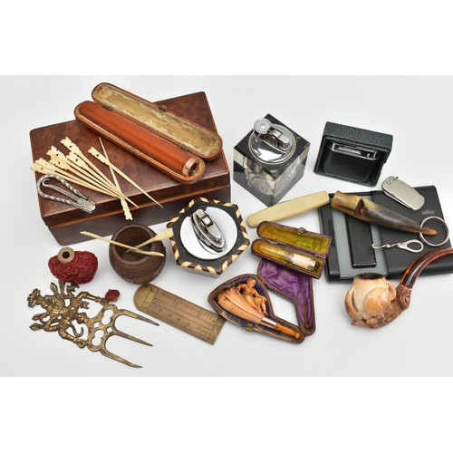 220 - A BOX OF SMOKING RELATED AND OTHER COLLECTABLES, including  a cased cigar holder with 9ct mount, mak... 