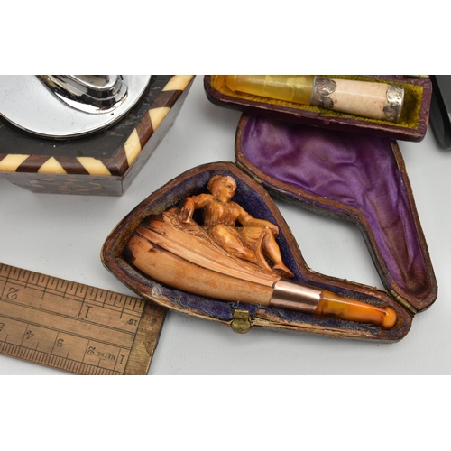 220 - A BOX OF SMOKING RELATED AND OTHER COLLECTABLES, including  a cased cigar holder with 9ct mount, mak... 