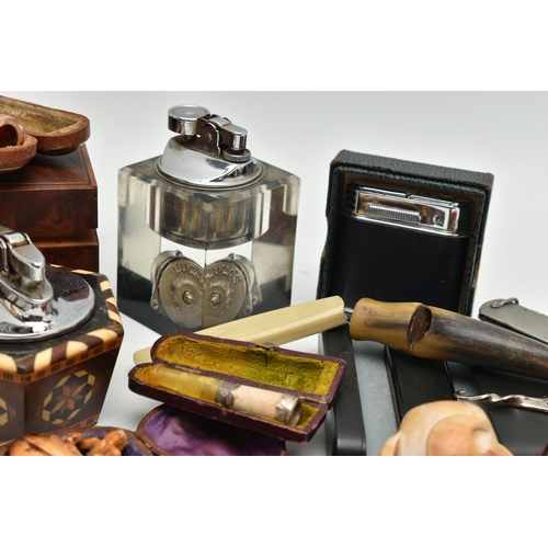 220 - A BOX OF SMOKING RELATED AND OTHER COLLECTABLES, including  a cased cigar holder with 9ct mount, mak... 