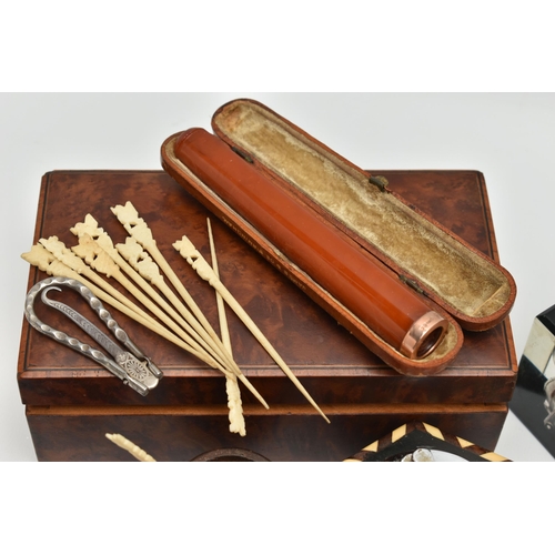 220 - A BOX OF SMOKING RELATED AND OTHER COLLECTABLES, including  a cased cigar holder with 9ct mount, mak... 