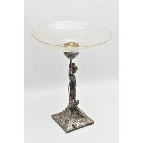 222 - AN ART NOUVEAU WMF GLASS AND SILVER PLATED CENTREPIECE, the circular bowl with frilled rim and engra... 