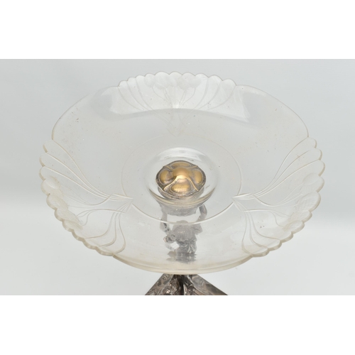 222 - AN ART NOUVEAU WMF GLASS AND SILVER PLATED CENTREPIECE, the circular bowl with frilled rim and engra... 