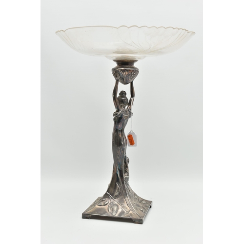 222 - AN ART NOUVEAU WMF GLASS AND SILVER PLATED CENTREPIECE, the circular bowl with frilled rim and engra... 