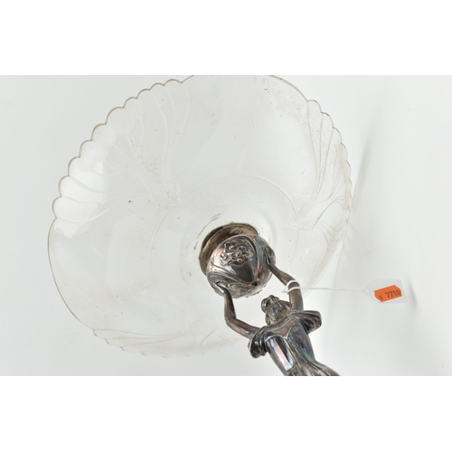 222 - AN ART NOUVEAU WMF GLASS AND SILVER PLATED CENTREPIECE, the circular bowl with frilled rim and engra... 