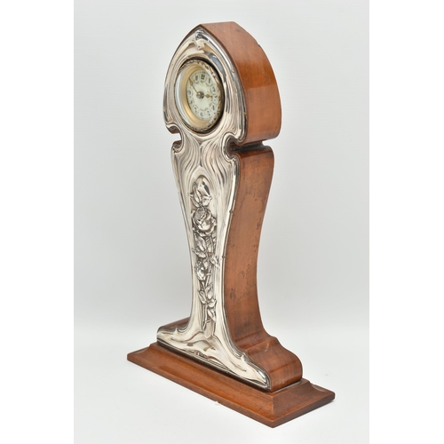 223 - A GEORGE V ART NOUVEAU SILVER MOUNTED WALNUT MANTEL CLOCK, the repoussé front with sinuous scrolls a... 