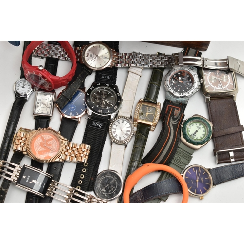 225 - A WOODEN BOX WITH WATCHES, assorted ladies, gents and childrens fashion wristwatches (condition repo... 