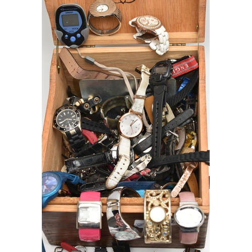 225 - A WOODEN BOX WITH WATCHES, assorted ladies, gents and childrens fashion wristwatches (condition repo... 