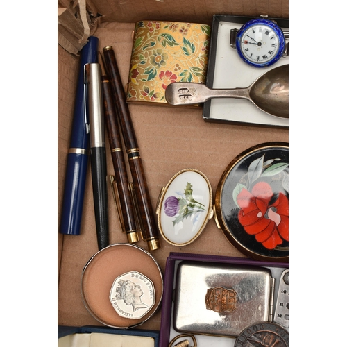 226 - A BOX OF ASSORTED ITEMS, to include a silver and enamel wristwatch, manual wind, round white dial, b... 