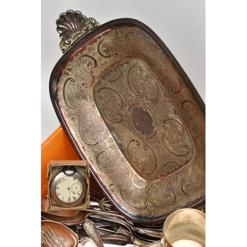 227 - A BOX OF ASSORTED WHITE METAL WARE AND CUTLERY, to include a silver plate tray, a silver plate coast... 