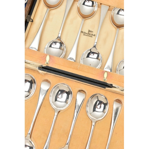 230 - A BOX OF CUTLERY, to include a cased set of twelve 'Walker & Hall' spoons, a cased set of six EP tea... 