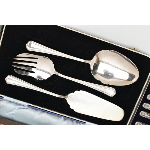 230 - A BOX OF CUTLERY, to include a cased set of twelve 'Walker & Hall' spoons, a cased set of six EP tea... 