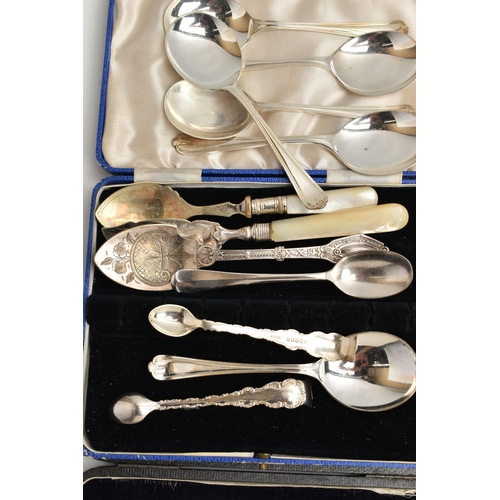 230 - A BOX OF CUTLERY, to include a cased set of twelve 'Walker & Hall' spoons, a cased set of six EP tea... 