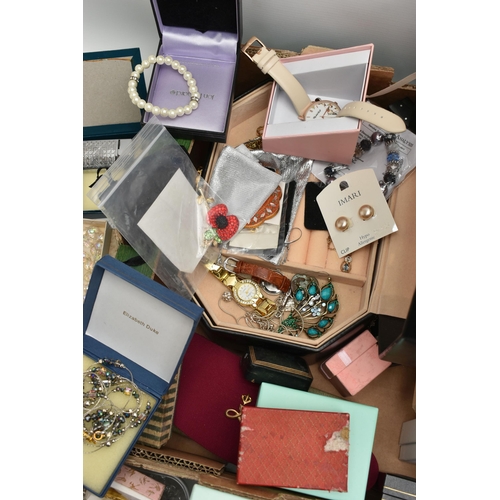 233 - A LARGE BOX OF ASSORTED ITEMS, to include an 'Estee Lauder' fob style compact, together with signed ... 