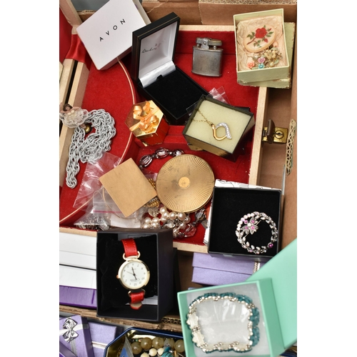 233 - A LARGE BOX OF ASSORTED ITEMS, to include an 'Estee Lauder' fob style compact, together with signed ... 