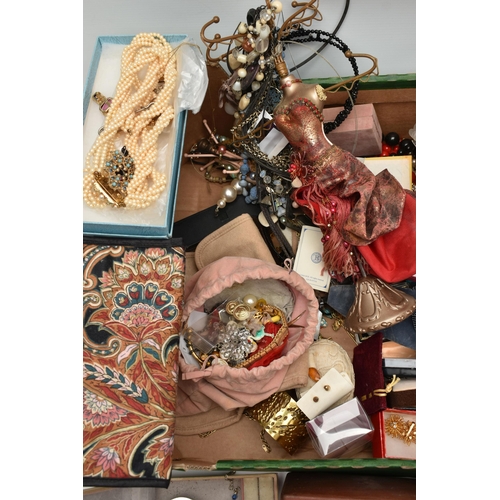 237 - A BOX OF ASSORTED COSTUME JEWELLERY AND ITEMS, to include beaded necklaces, imitation pearls, costum... 