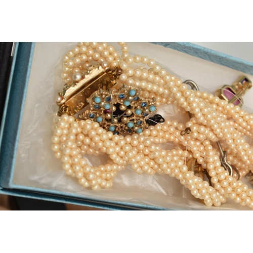 237 - A BOX OF ASSORTED COSTUME JEWELLERY AND ITEMS, to include beaded necklaces, imitation pearls, costum... 