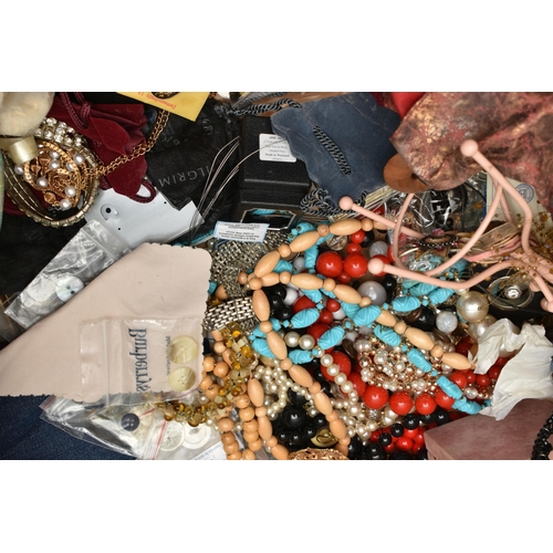 237 - A BOX OF ASSORTED COSTUME JEWELLERY AND ITEMS, to include beaded necklaces, imitation pearls, costum... 