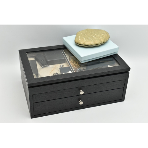 239 - A JEWELLERY BOX WITH CONTENTS, large black multi storage box, includes costume jewellery pieces name... 