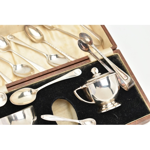 242 - A BOXED SILVER CRUET SET, TEASPOONS AND SUGAR TONGS, box to include a salt with glass insert, and a ... 