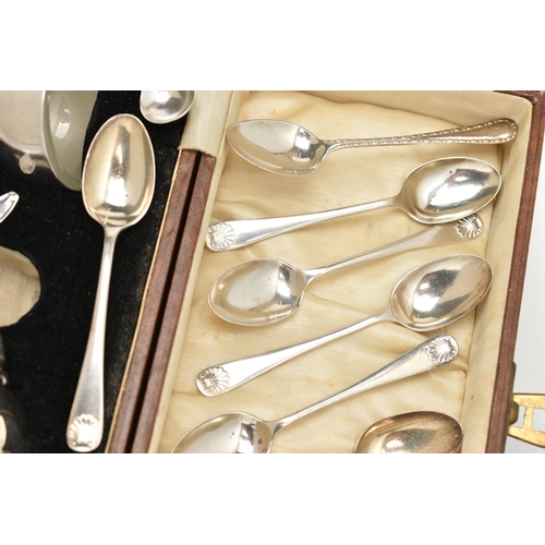 242 - A BOXED SILVER CRUET SET, TEASPOONS AND SUGAR TONGS, box to include a salt with glass insert, and a ... 