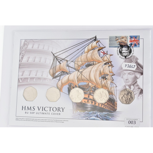 251 - HMS VICTORY BU 50P ULTIMATE COVER, contains five fifty pence pieces, with certificate of authenticit... 