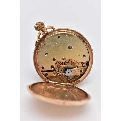 253 - A LADYS YELLOW METAL OPEN FACE POCKET WATCH, manual wind, round white dial with gold scrolling detai... 