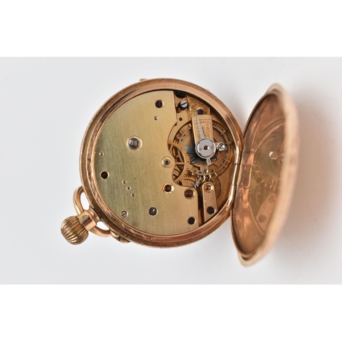 253 - A LADYS YELLOW METAL OPEN FACE POCKET WATCH, manual wind, round white dial with gold scrolling detai... 