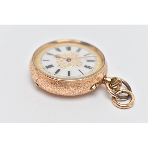 253 - A LADYS YELLOW METAL OPEN FACE POCKET WATCH, manual wind, round white dial with gold scrolling detai... 