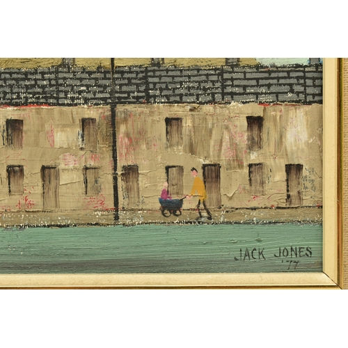 301 - JACK JONES (WALES 1922-1993) 'STREET, HILL AND FIGURES', a naive Welsh street scene, signed and date... 