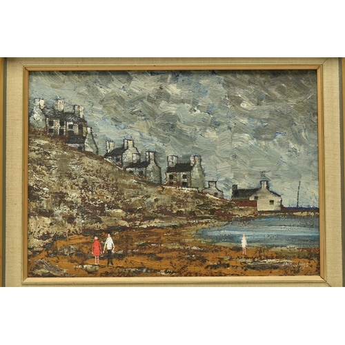 302 - JACK JONES (WALES 1922-1993) 'NORTH WALES COAST SCENE', a coastal landscape with three figures on th... 